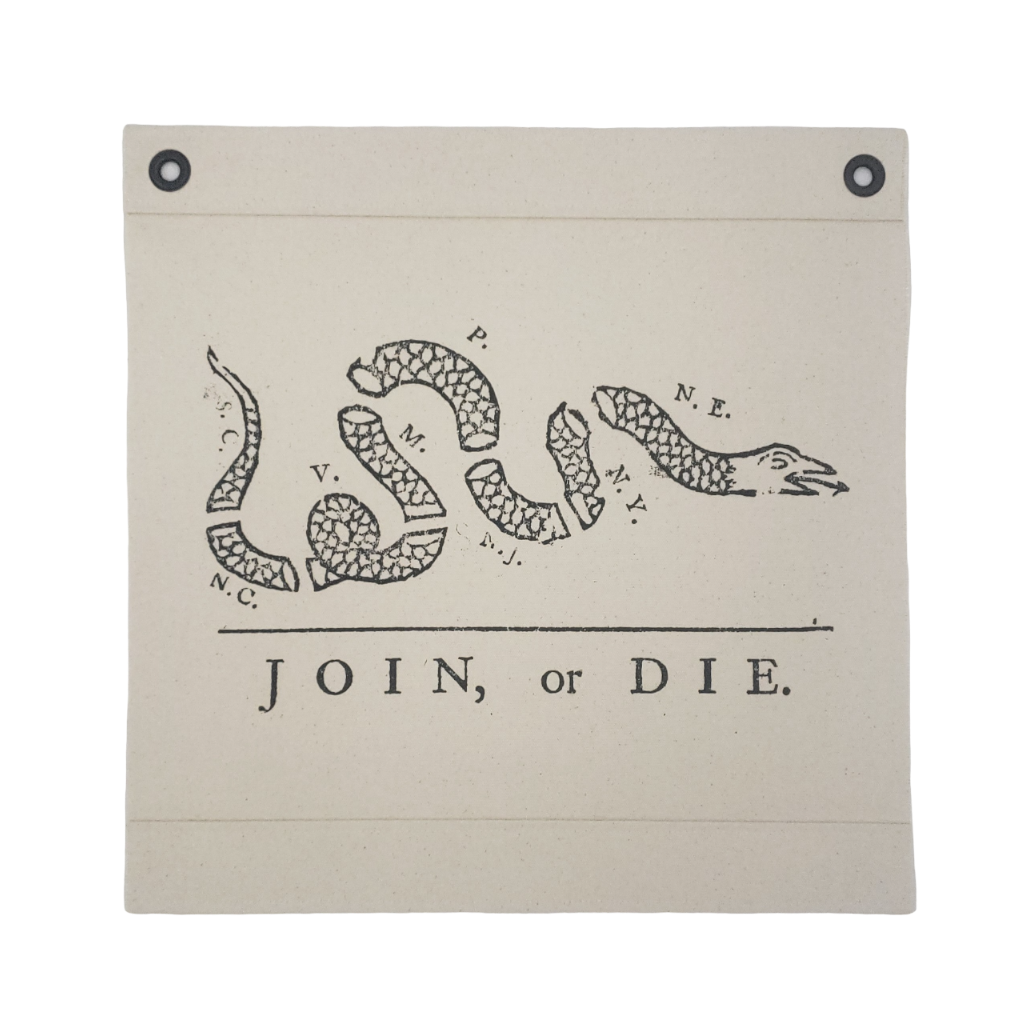 Inked Canvas wall hanging or wall decor or wall art featuring a screen printed vintage image of the infamous political cartoon "Join, or Die" published in the Pennsylvania Gazette by Ben Franklin in 1754. Hand made in the USA by Heart in Hand Mercantile using natural, unbleached 100% Cotton Heavy Duck Canvas.