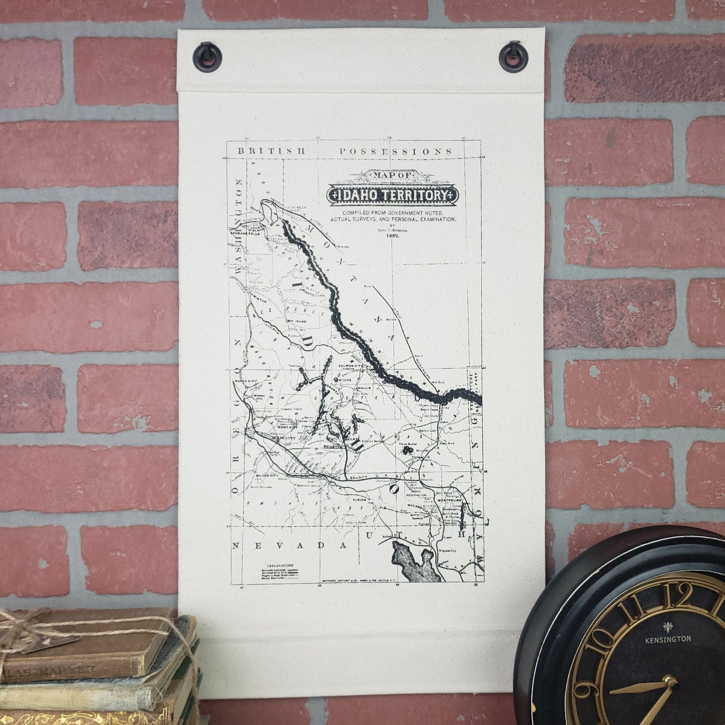 Vintage map of Idaho Territory c.1882. Screen printed on our Inked Canvas wall hanging for wall decor and wall art. Hand made in the USA by Heart in Hand Mercantile using natural, unbleached 100% Cotton Heavy Duck Canvas and hung by two grommets.