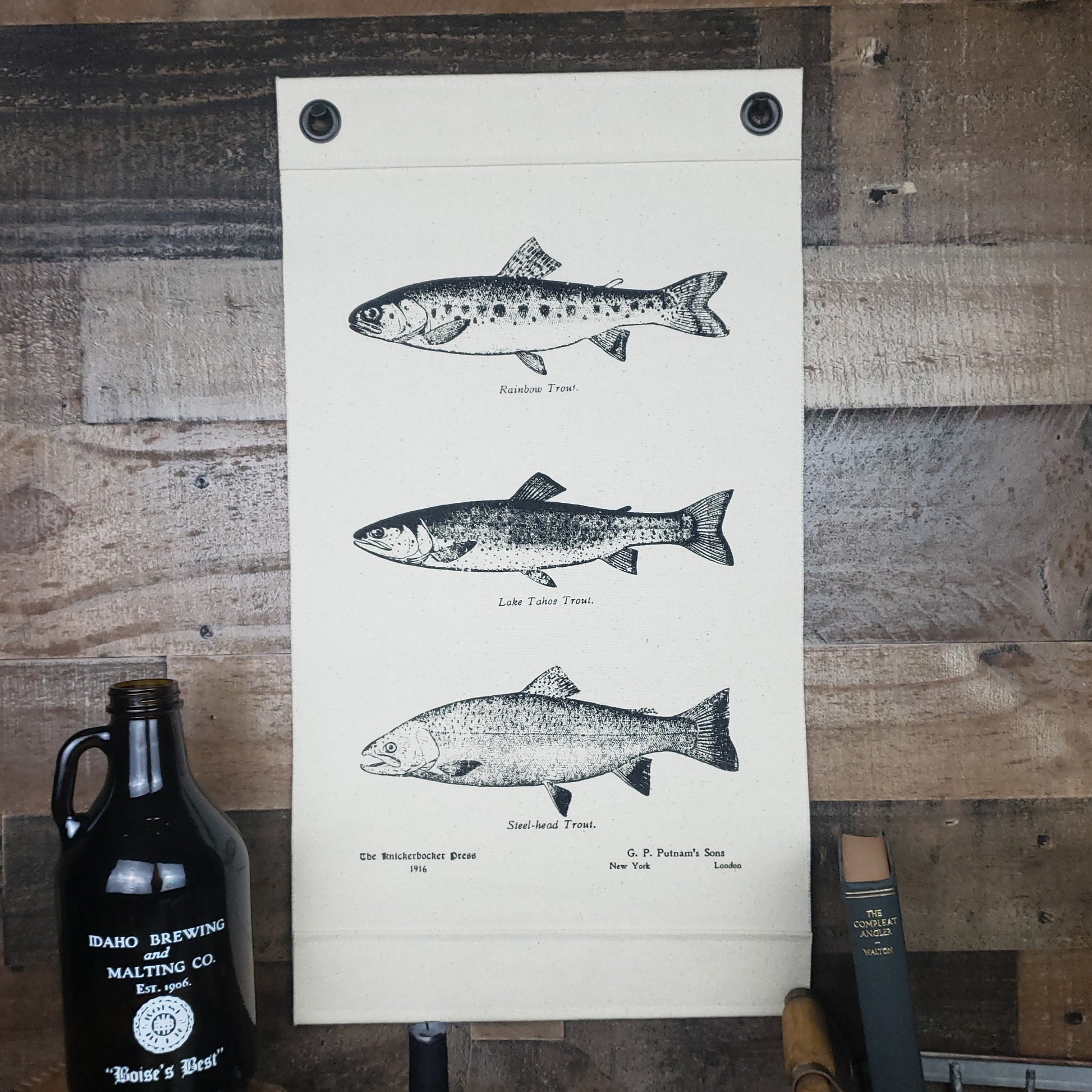 Inked Canvas wall hanging, wall decor or wall art featuring engravings of Rainbow, Lake & Steelhead Trout from a book of fish species published in 1916. Hand made in the USA by Heart in Hand Mercantile using 100% heavy cotton duck canvas.