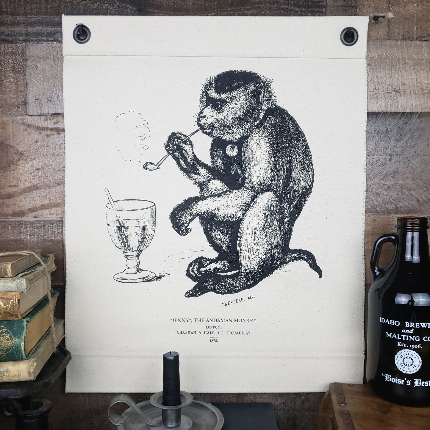 Inked Canvas wall hanging or wall decor art featuring a screen printed vintage image of Jenny, the Smokin' Monkey, c.1875. Individually hand made in the USA using natural, unbleached 100% Cotton Heavy Duck Canvas  and hung by two grommets. Two antique reproduction square nails included.