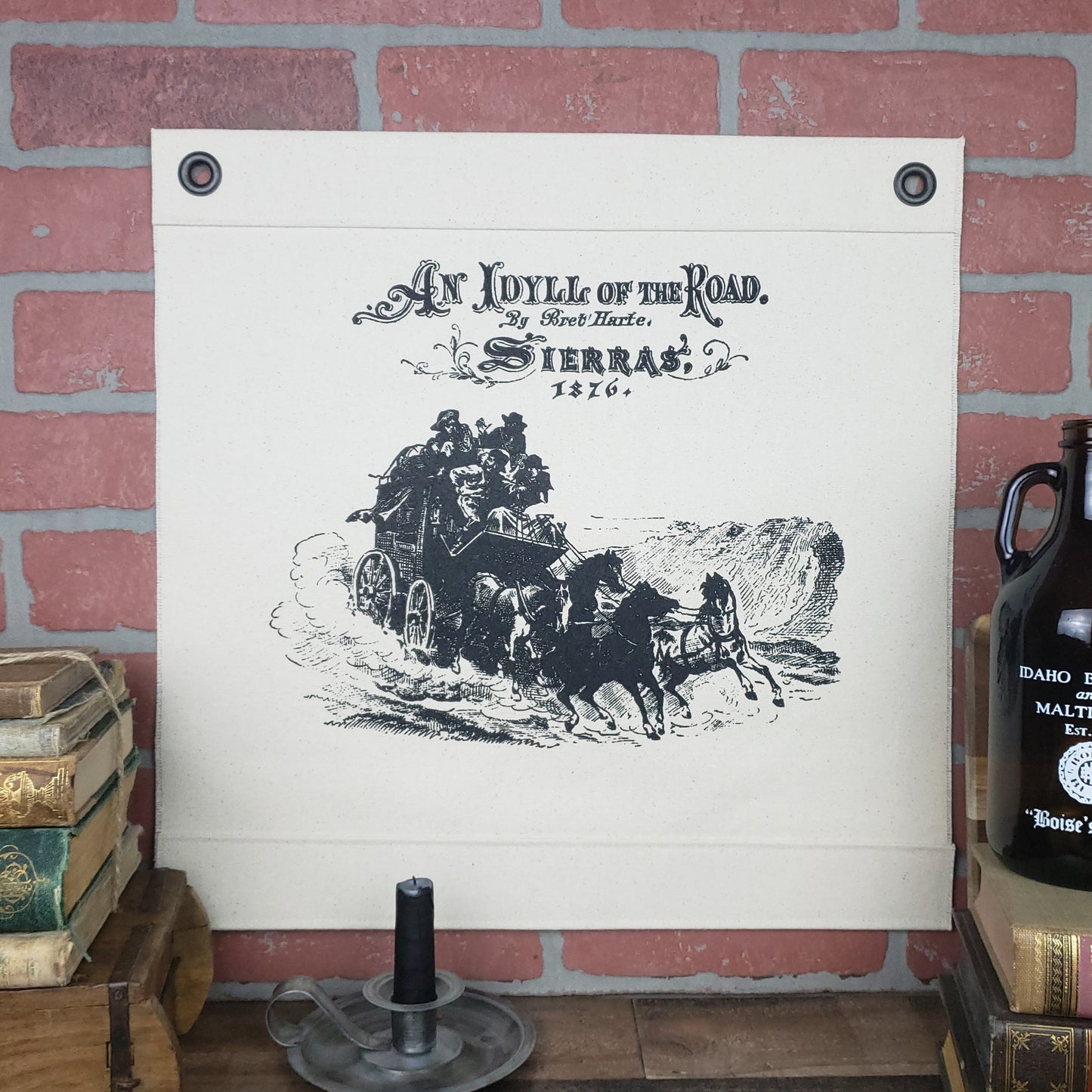 Vintage illustration to accompany Bret Harte's Poem "An Idyll of the Road" c.1876. Stage coach, dust and all! Screen printed on our Inked Canvas wall hanging for wall decor or wall art. Hand made in the USA by Heart in Hand Mercantile using natural, unbleached 100% Cotton Heavy Duck Canvas and hung by two grommets.