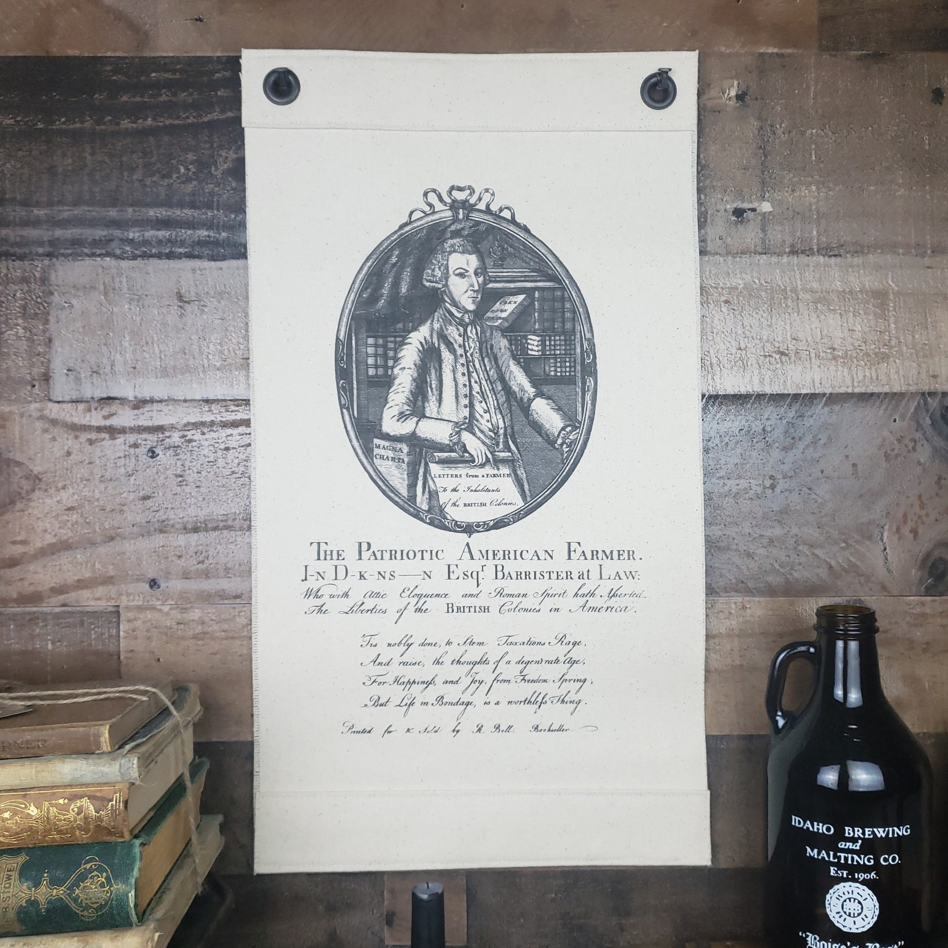 Inked Canvas wall hanging, wall decor, wall art honoring John Dickinson, "Penman of the American Revolution" and his thoughts on taxation from 1768. Hand made in the USA by Heart in Hand Mercantile.