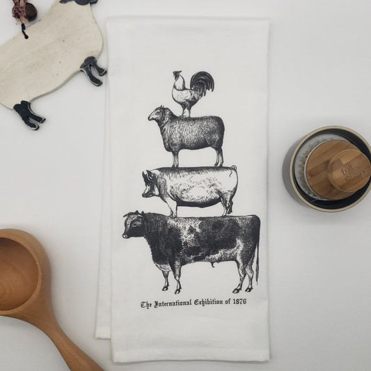 Featuring sketches of animals from The International Exhibition of 1876 held in Philadelphia, this 100% cotton tea towel is a Heart in Hand Mercantile original! A perfect gift for the farmhouse or farm animal lover! Designed and printed in USA.