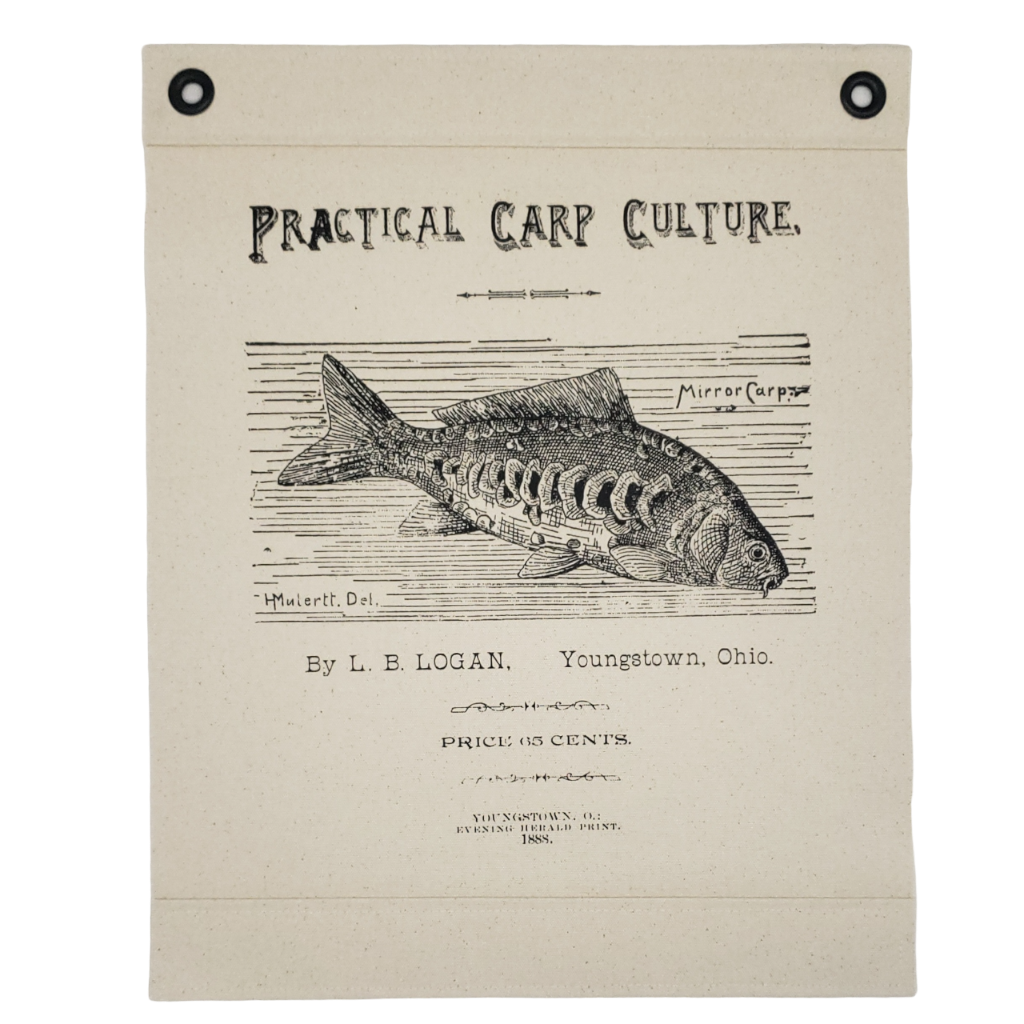 Inked Canvas wall hanging, wall decor, or wall art featuring the engraving of the cover of a carp farming manual  published in 1888 by the US Fish Commission. Hand made in the USA by Heart in Hand Mercantile using natural, unbleached 100% Cotton Heavy Duck Canvas and hung by two grommets.