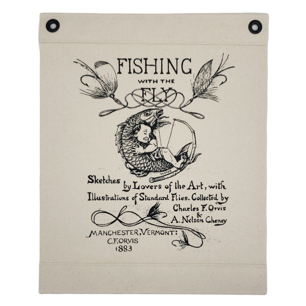 Inked Canvas wall hanging, wall decor or wall art screen printed with the cover of "Fishing With The Fly", published by Charles F. Orvis in 1883. Fish and Rapscallion Baby hugging carp fish. Hand made in the USA by Heart in Hand Mercantile using natural, unbleached 100% Cotton Heavy Duck Canvas.