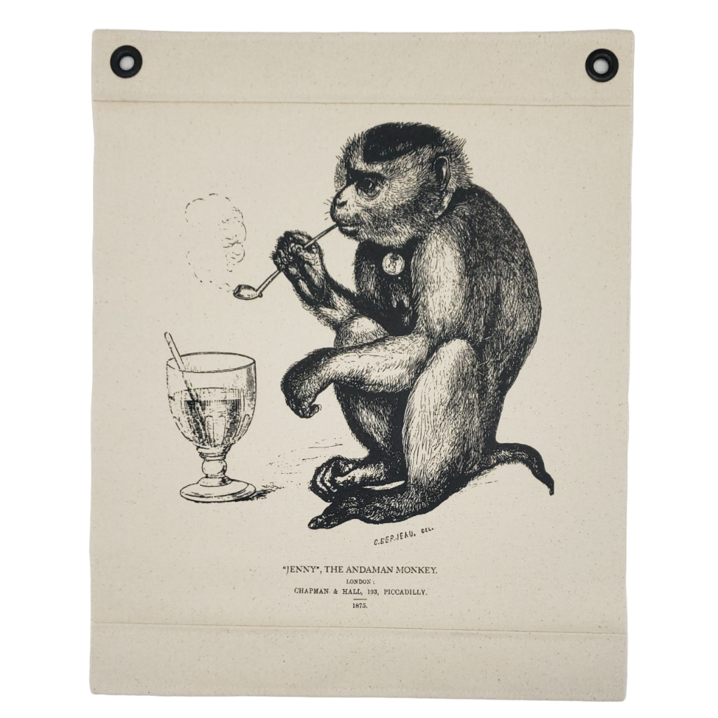 Inked Canvas wall hanging or wall decor art featuring a screen printed vintage image of Jenny, the Smokin' Monkey, c.1875. Individually hand made in the USA using natural, unbleached 100% Cotton Heavy Duck Canvas  and hung by two grommets. Two antique reproduction square nails included.